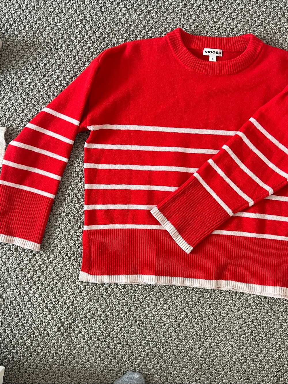 Red and White Striped Crewneck Sweater with Neck Ribbing size large - Picture 4 of 7
